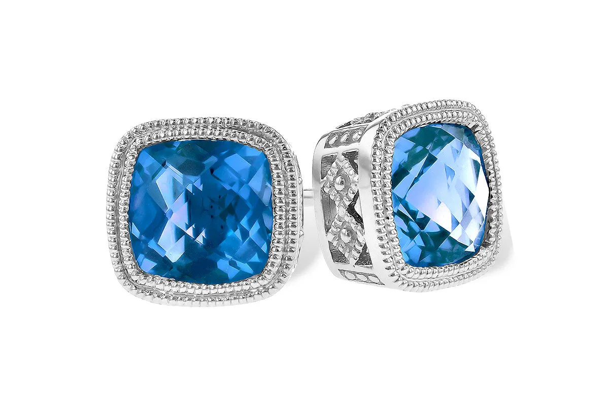 14K White Gold Blue Topaz Milgrain Studs