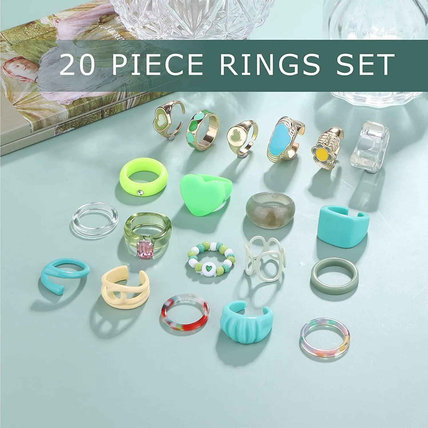 20 Pcs Resin Chunky Rings Set for Women Y2K Rings Knuckle Finger Stackable Joint Rings Colorful Acrylic Cute Trendy Rings Plastic Rings Statement Dome Thick Rings Size 7-9