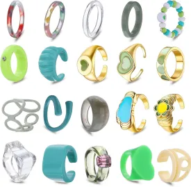 20 Pcs Resin Chunky Rings Set for Women Y2K Rings Knuckle Finger Stackable Joint Rings Colorful Acrylic Cute Trendy Rings Plastic Rings Statement Dome Thick Rings Size 7-9