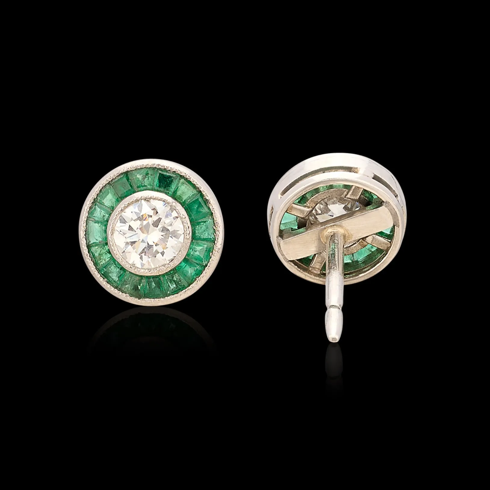 Art Deco Style Emerald & Diamond Stud Earrings