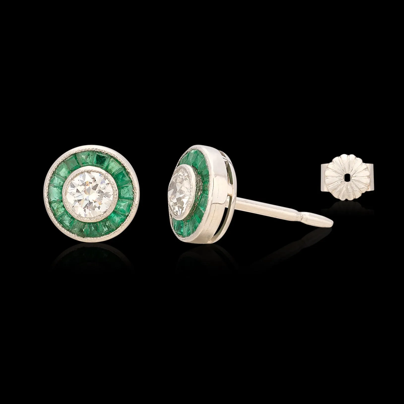 Art Deco Style Emerald & Diamond Stud Earrings