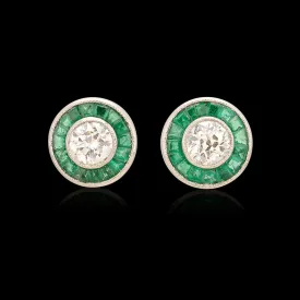 Art Deco Style Emerald & Diamond Stud Earrings