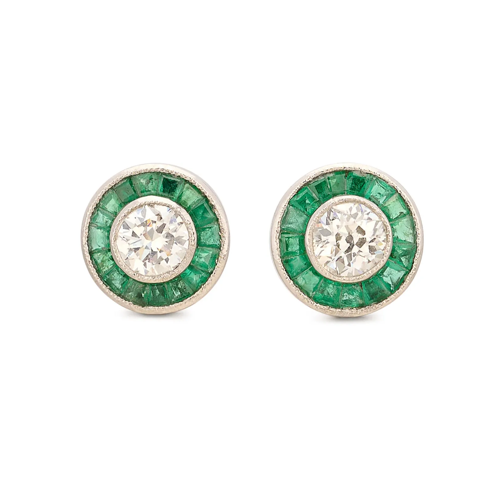 Art Deco Style Emerald & Diamond Stud Earrings