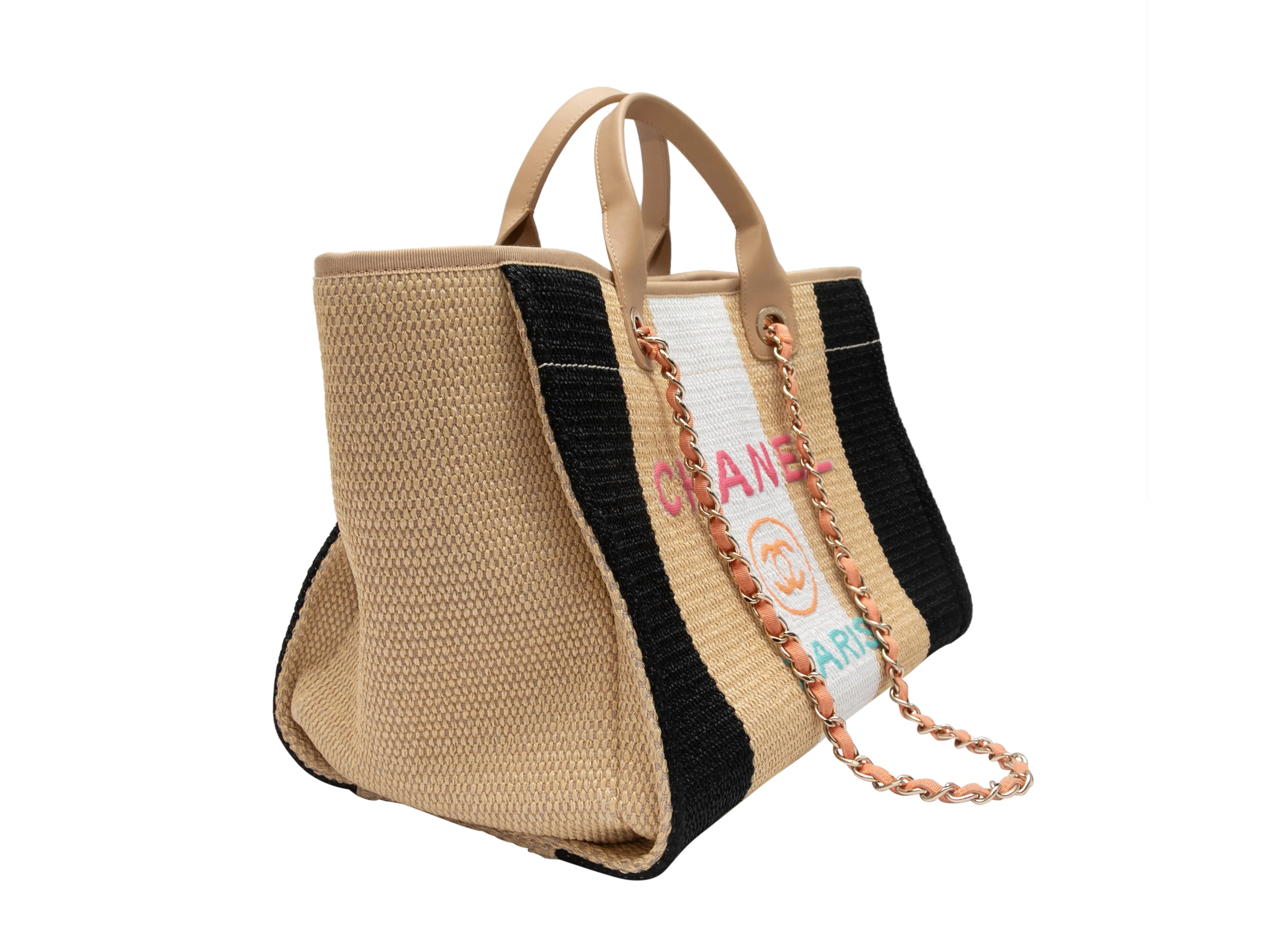 Beige & Multicolor Chanel Striped Logo Tote Bag