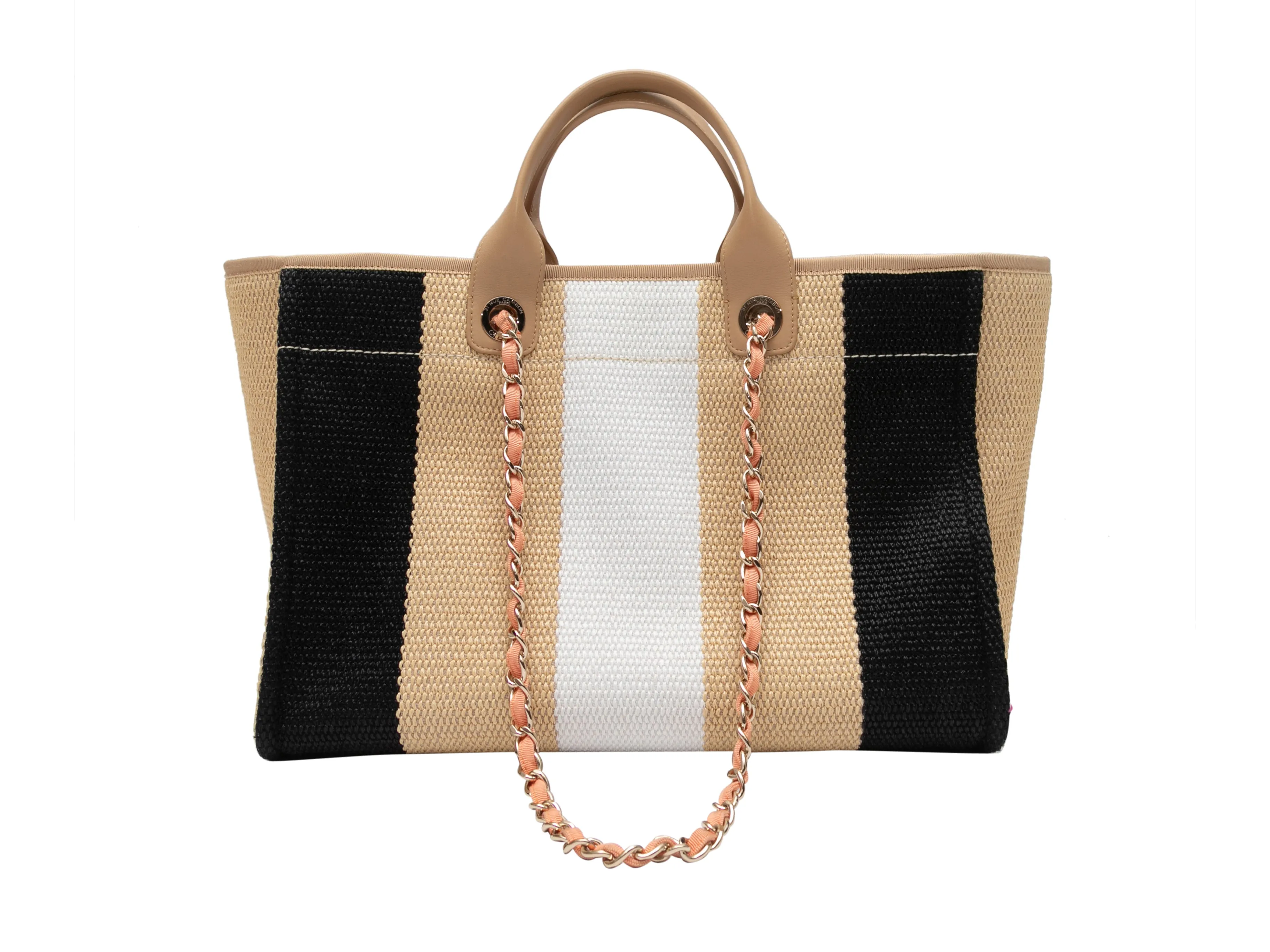 Beige & Multicolor Chanel Striped Logo Tote Bag