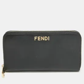 Black Leather Logo Zip Around Continental Wallet