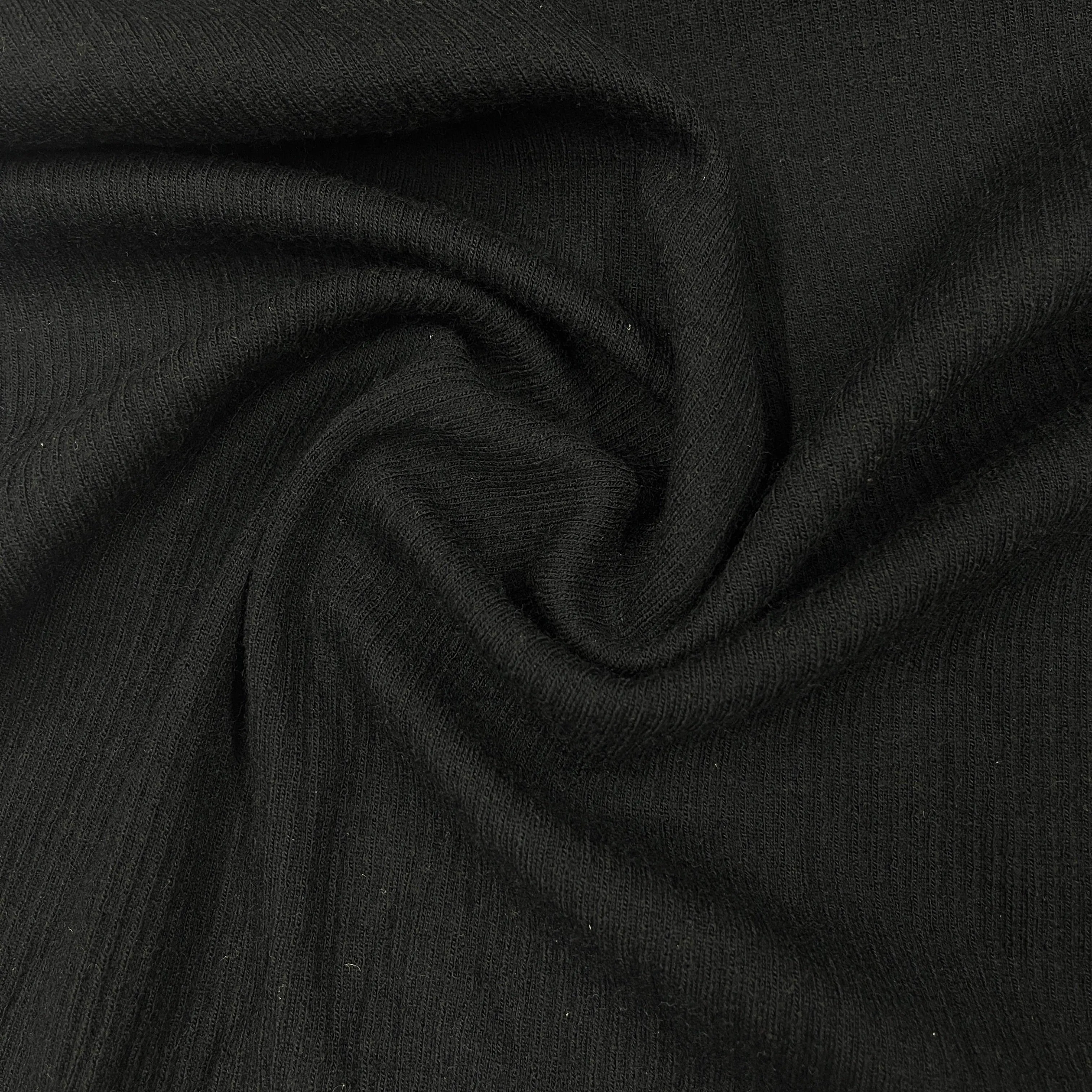 Black Merino Wool Rib Knit Fabric - 1x1 - 220 GSM