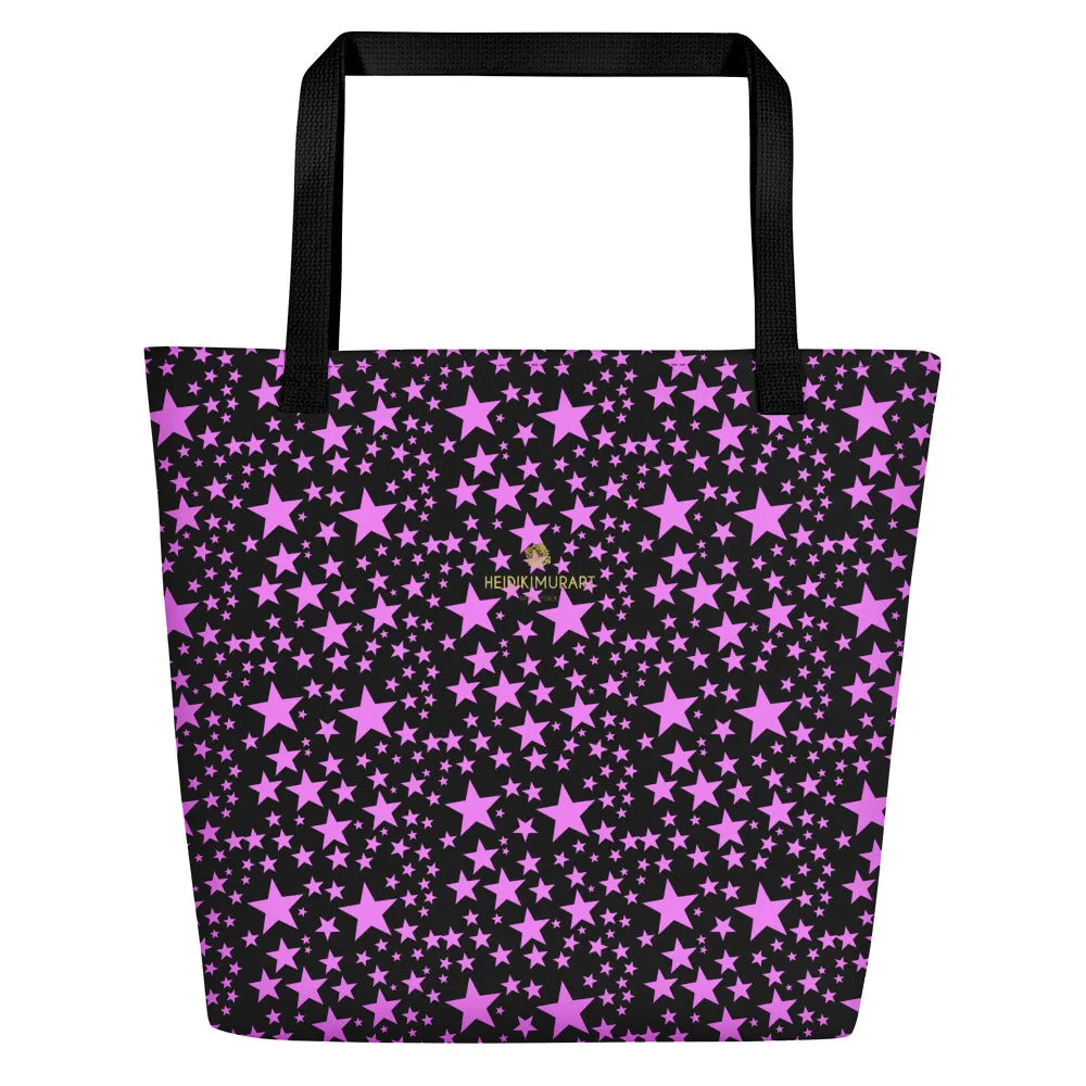 Black Pink Star Beach Bag, Star Pattern Large 16"x20" Shopping Bag - Made in USA/EU