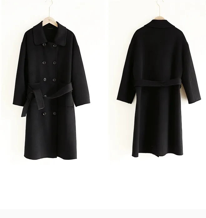 Black Wool Coat Handmade Long Warm Women Waist Belt Wool Coat Jacket/5533