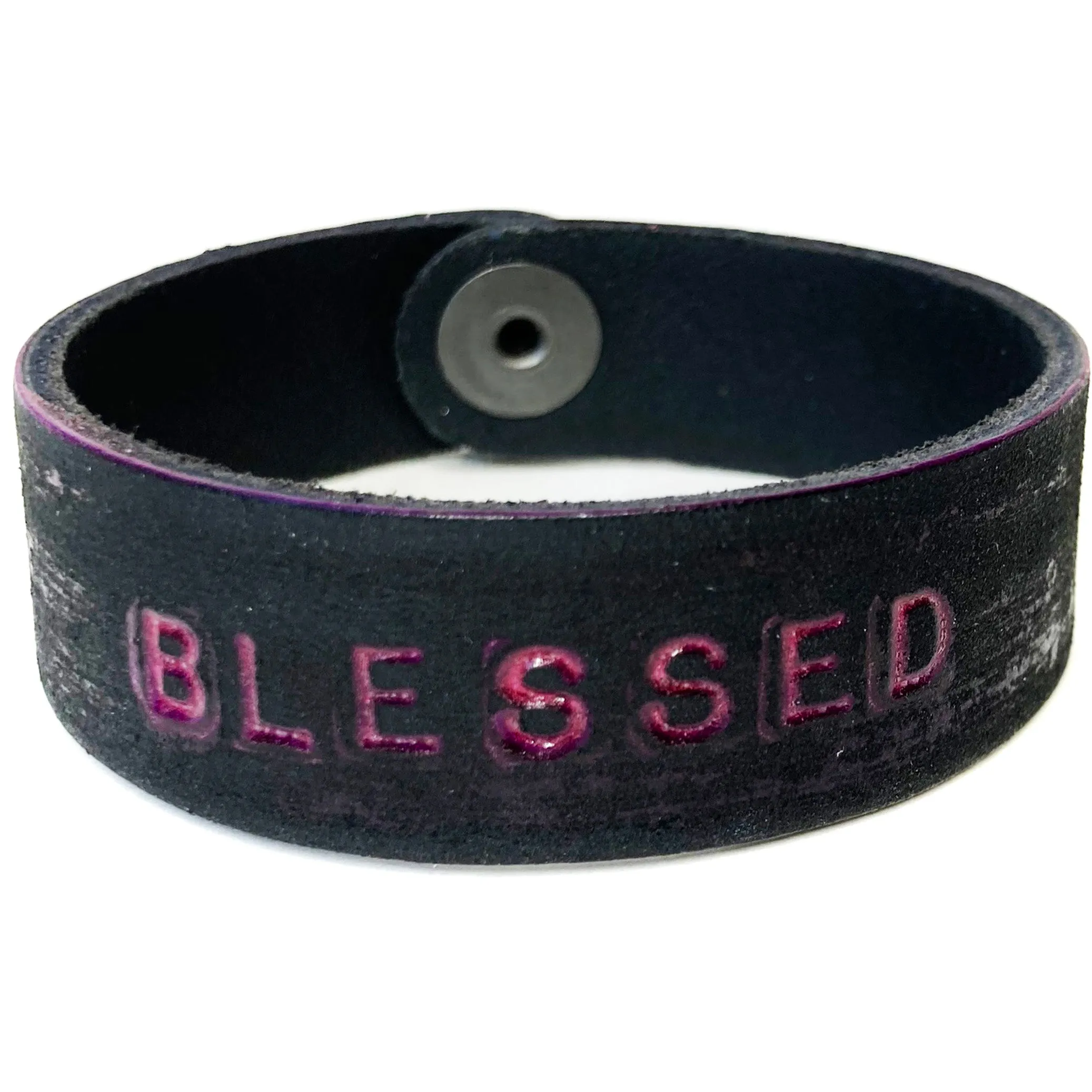 BLESSED Stamped Bracelet - Distressed Magenta/Black