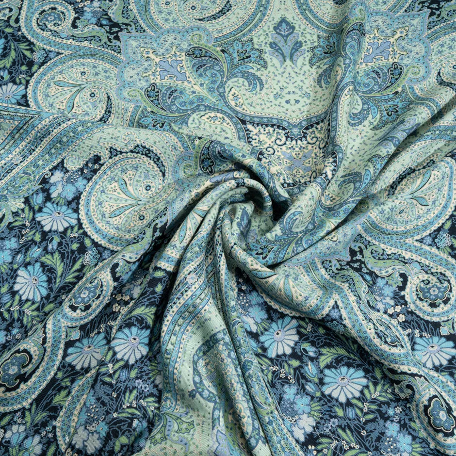 Blue & Green Floral Printed Silk & Cashmere