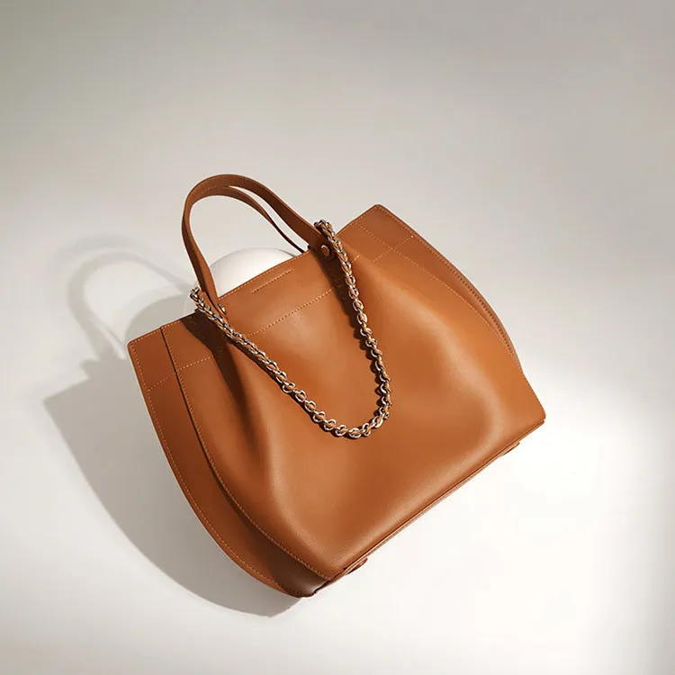 Brown Leather Tote Bag with Chain Strap