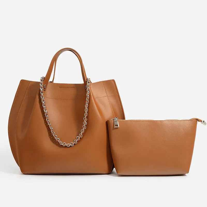 Brown Leather Tote Bag with Chain Strap