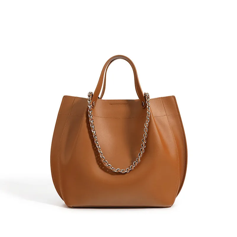 Brown Leather Tote Bag with Chain Strap