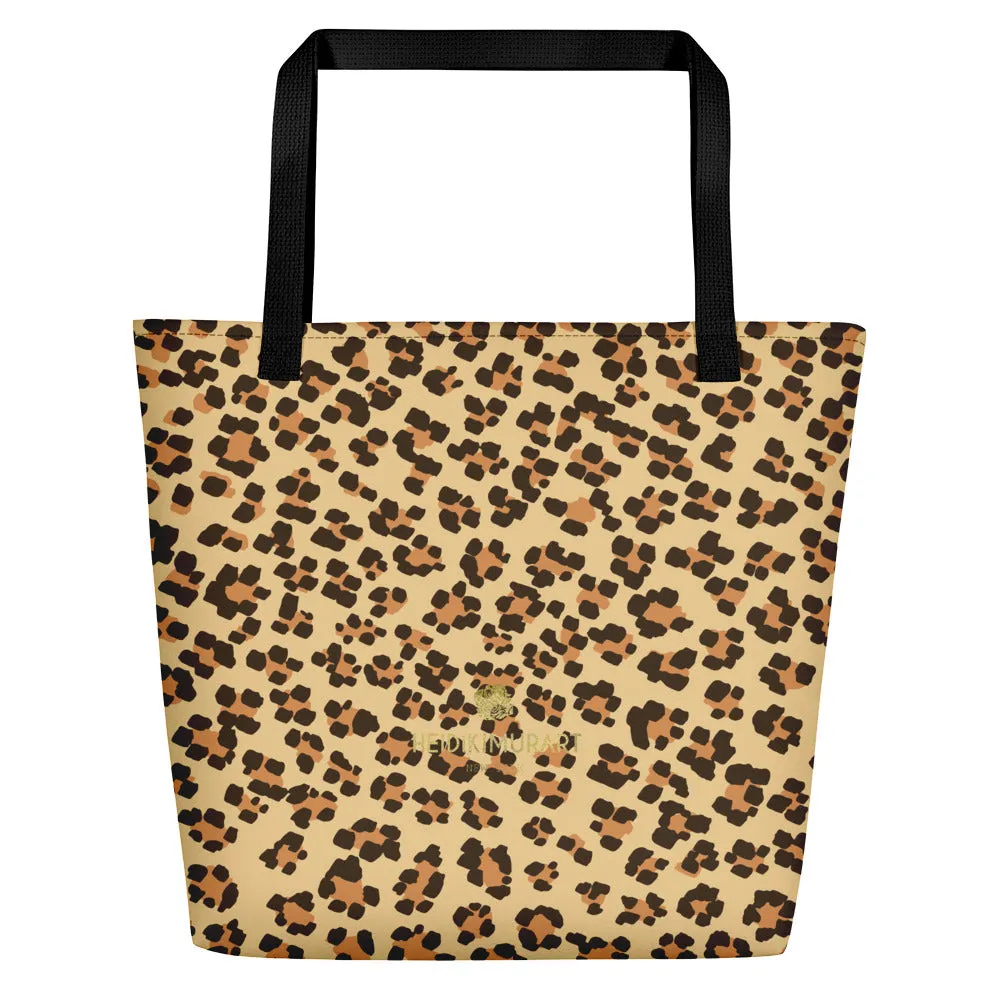 Brown Leopard Tote Bag, Beige Animal Print Designer Beach Market Tote Bag-Made in USA/EU