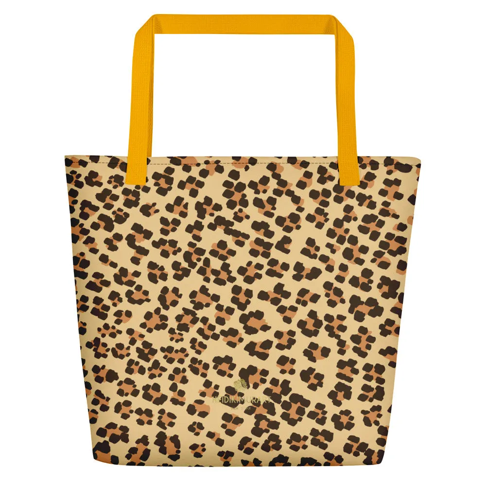 Brown Leopard Tote Bag, Beige Animal Print Designer Beach Market Tote Bag-Made in USA/EU