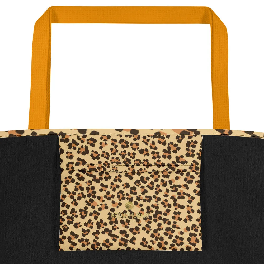 Brown Leopard Tote Bag, Beige Animal Print Designer Beach Market Tote Bag-Made in USA/EU