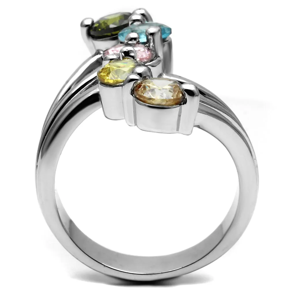 CJE2876 Stainless Steel Multi Color CZ Cocktail Ring