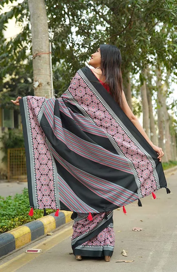 Comfortable Red & Black Soft silky Printed All Over Wrap in 1 minute saree