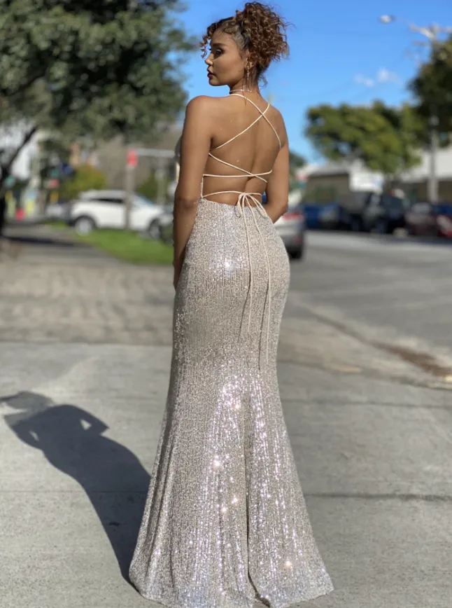 Cynthia JP111 Gown by Jadore - Silver/Nude