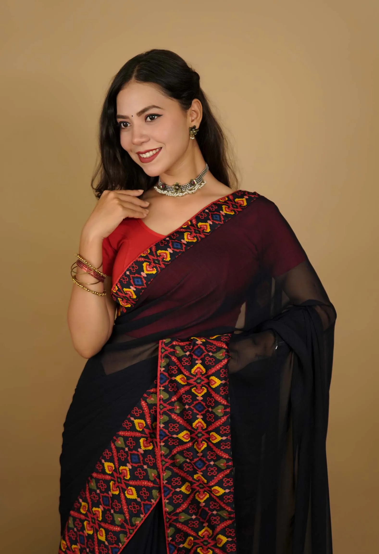 Dark Blue Soft Georgette With Contrast Multicolored Broad  Bordered  Ready To Wear Saree