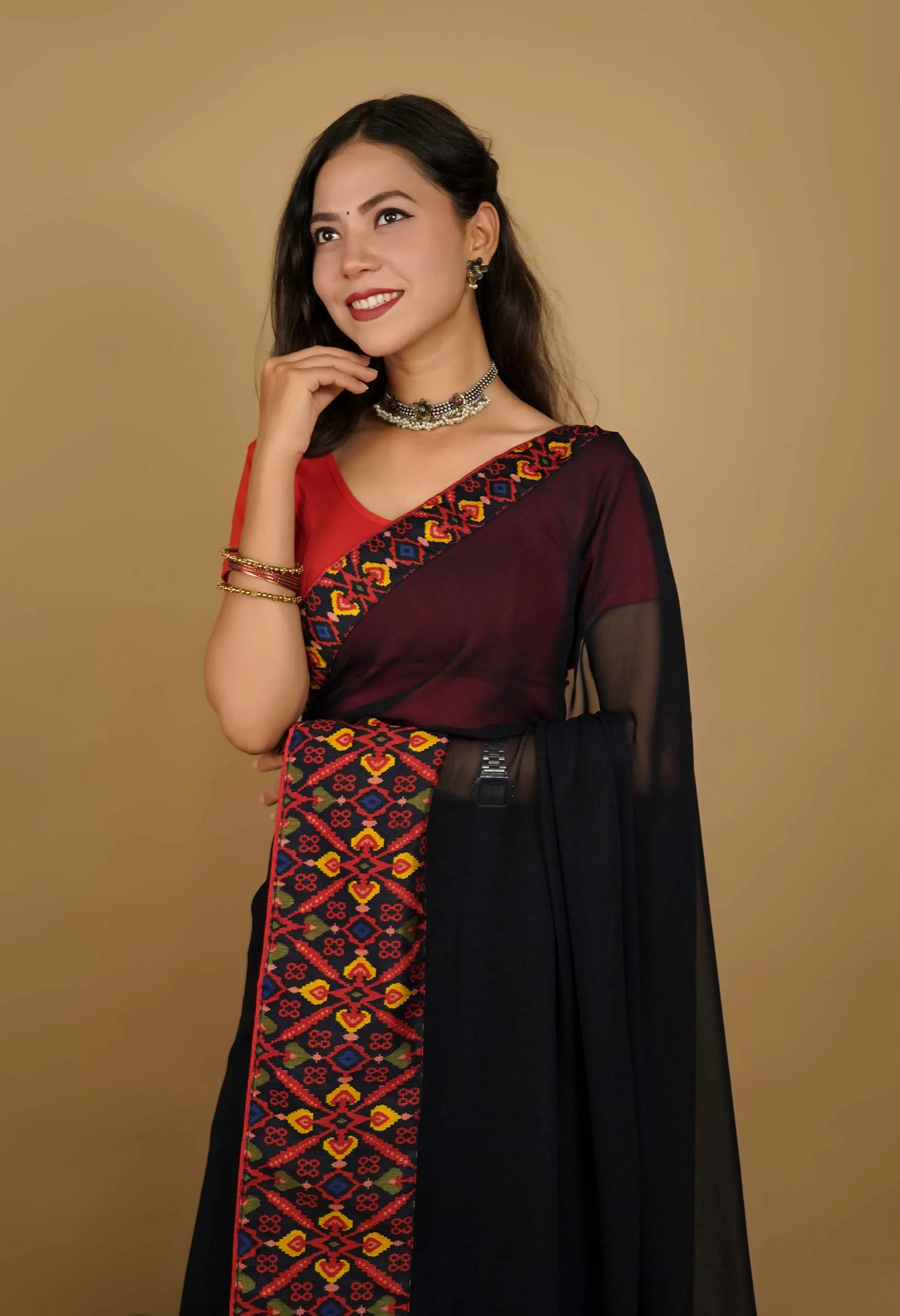 Dark Blue Soft Georgette With Contrast Multicolored Broad  Bordered  Ready To Wear Saree