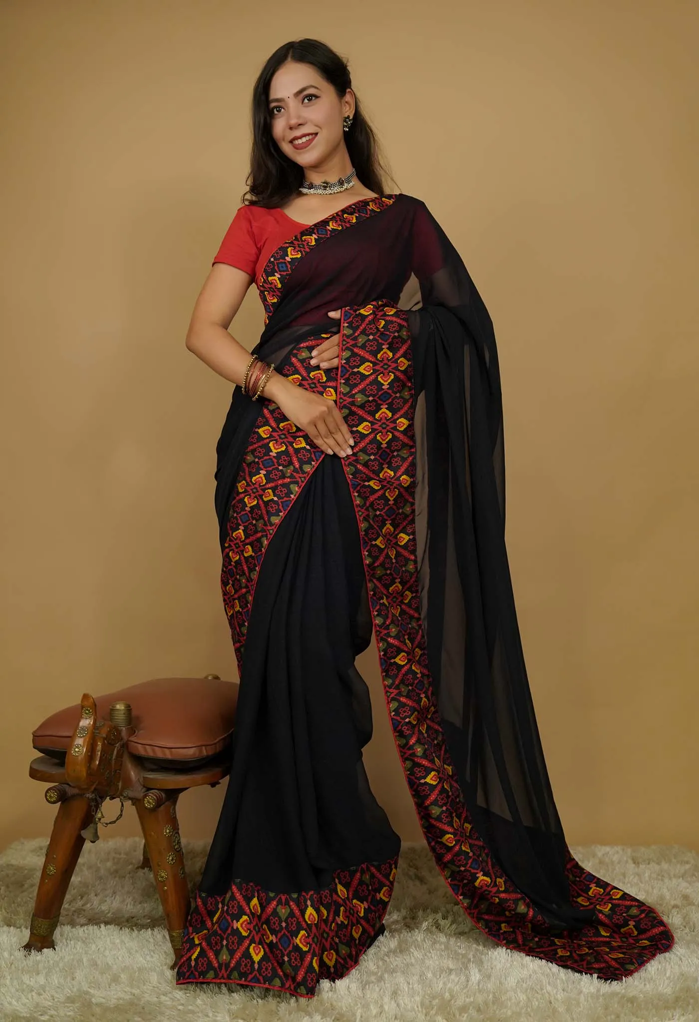 Dark Blue Soft Georgette With Contrast Multicolored Broad  Bordered  Ready To Wear Saree