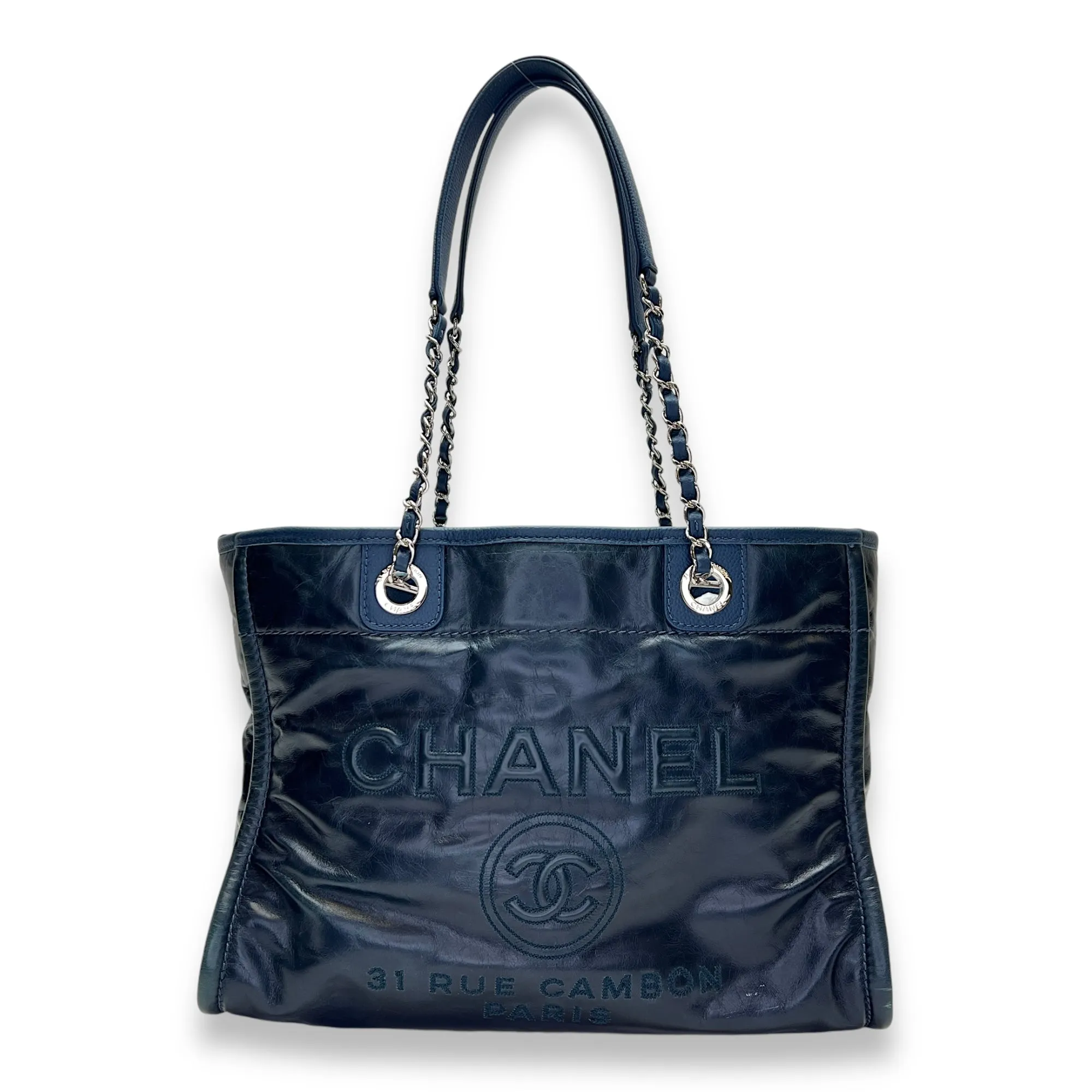 Deauville Medium Blue Tote Bag in Calfskin, Silver hardware