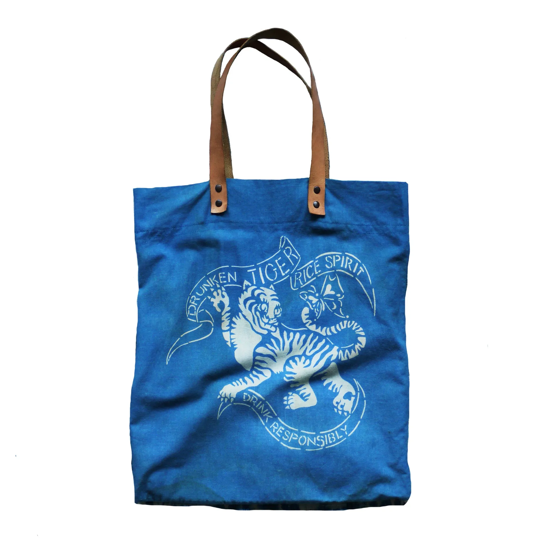 DRUNKEN TIGER indigo dyed tote bag with leather handles. MADE TO ORDER