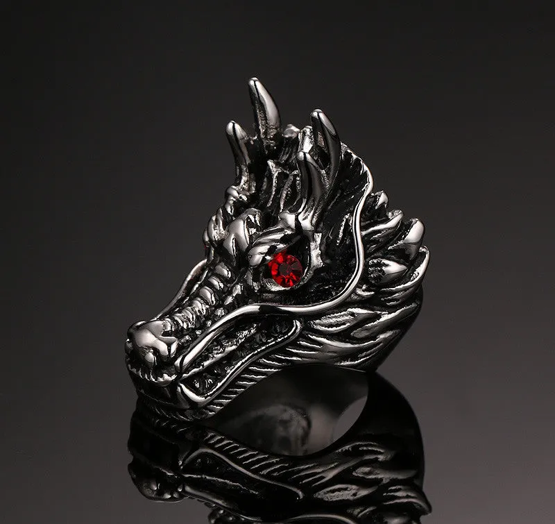 Fashion Dragon Head Rings For Men Punk Rock Style Party Men Red Stone Rings Men Stage Stainless Steel Rings Jewelry