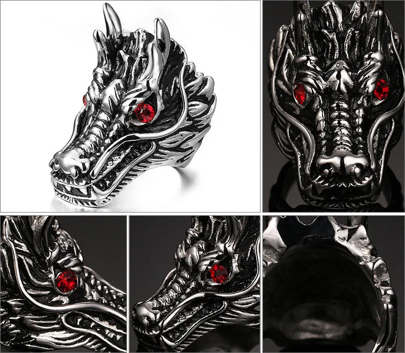 Fashion Dragon Head Rings For Men Punk Rock Style Party Men Red Stone Rings Men Stage Stainless Steel Rings Jewelry