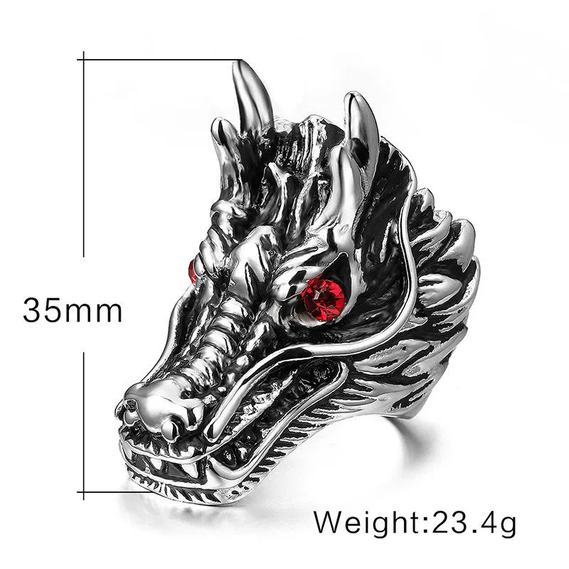 Fashion Dragon Head Rings For Men Punk Rock Style Party Men Red Stone Rings Men Stage Stainless Steel Rings Jewelry