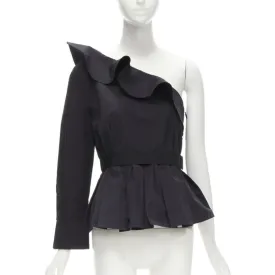 FENDI black cotton ruffle one shoulder belted peplum top IT42 M