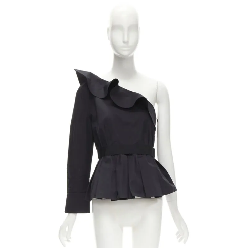 FENDI black cotton ruffle one shoulder belted peplum top IT42 M