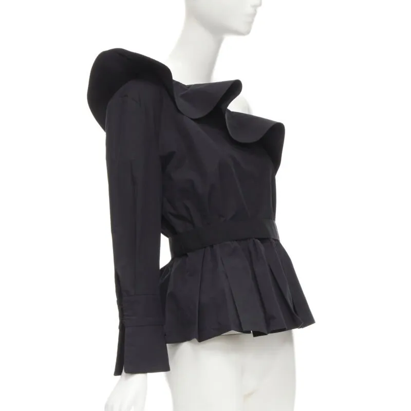 FENDI black cotton ruffle one shoulder belted peplum top IT42 M