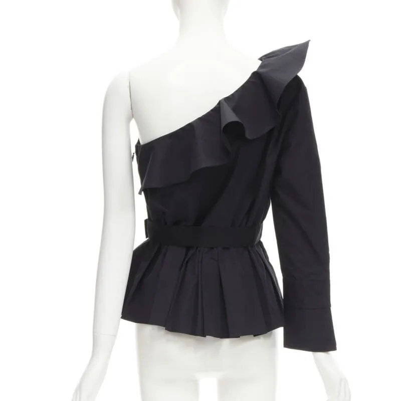 FENDI black cotton ruffle one shoulder belted peplum top IT42 M