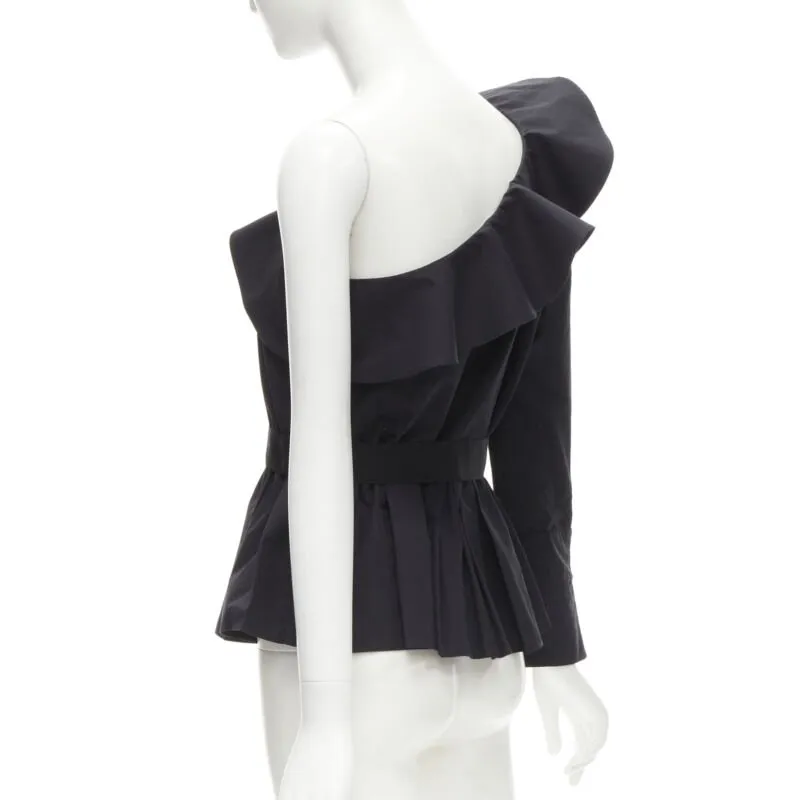 FENDI black cotton ruffle one shoulder belted peplum top IT42 M