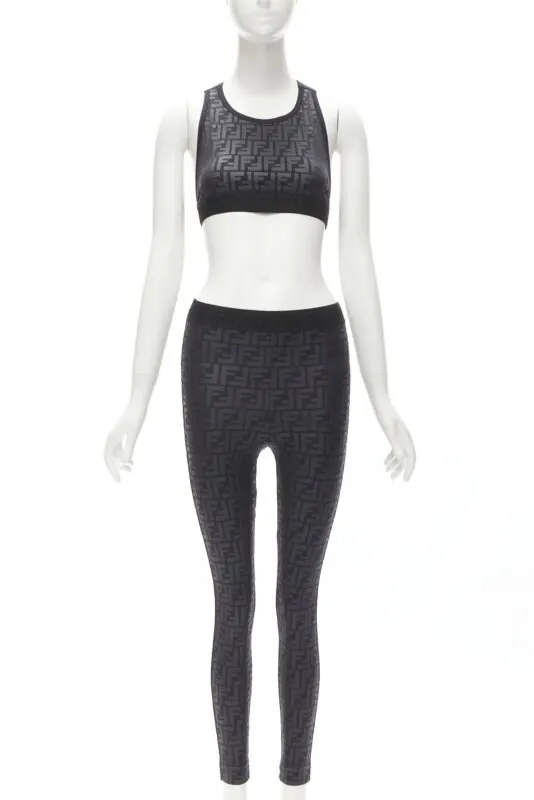 FENDI Forever FF Zucca monogram black bra top legging pant set XS