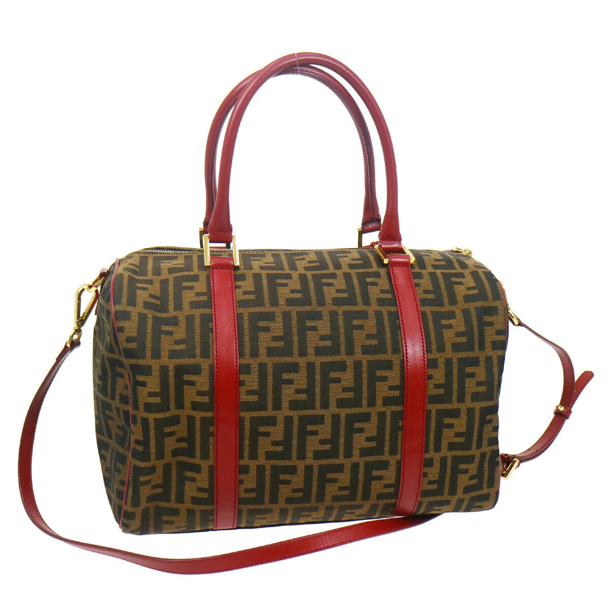 FENDI Zucca Pattern 2way Duffle Hand Bag Brown Red 72996