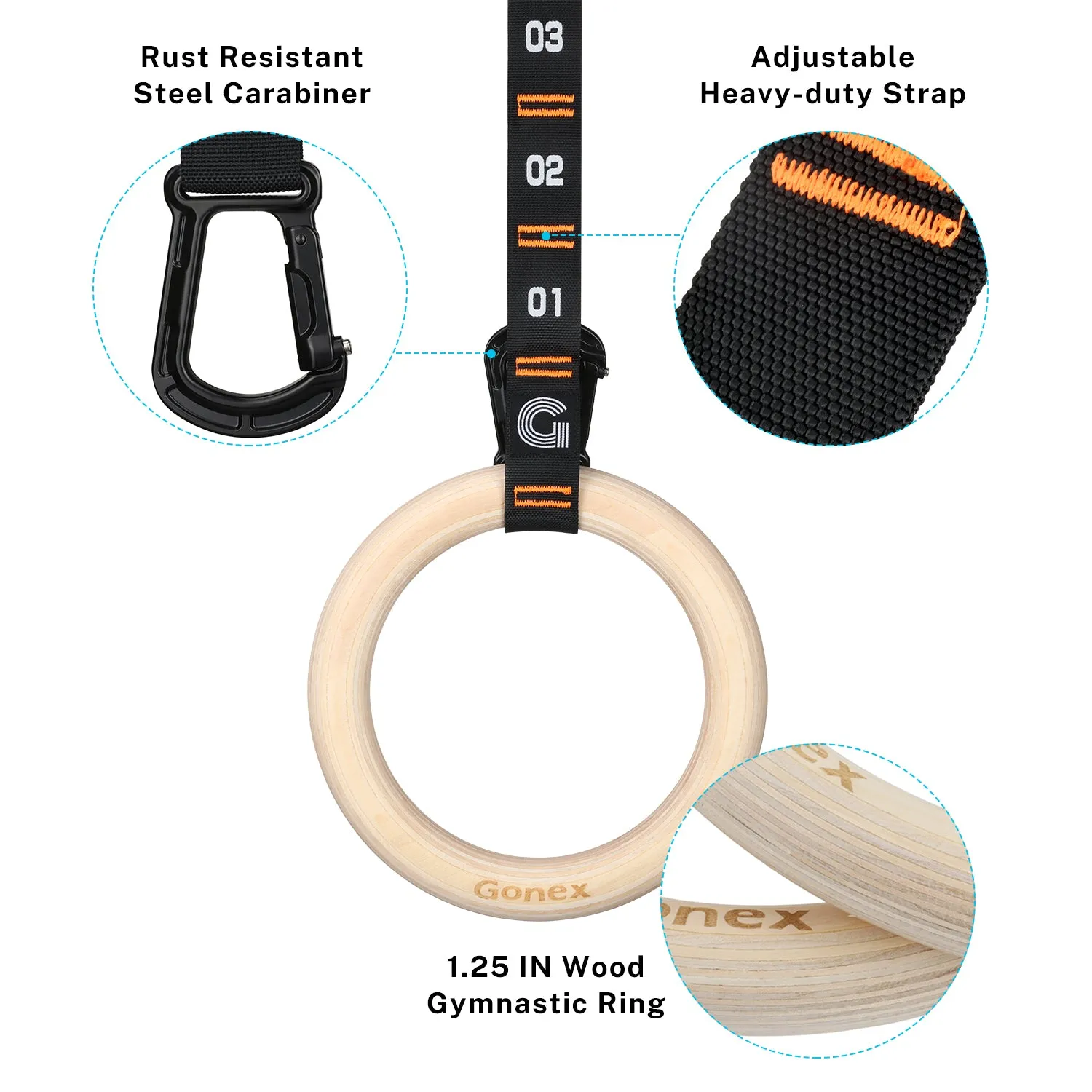 Gonex Wooden Gymnastic Rings with Adjustable Number Straps