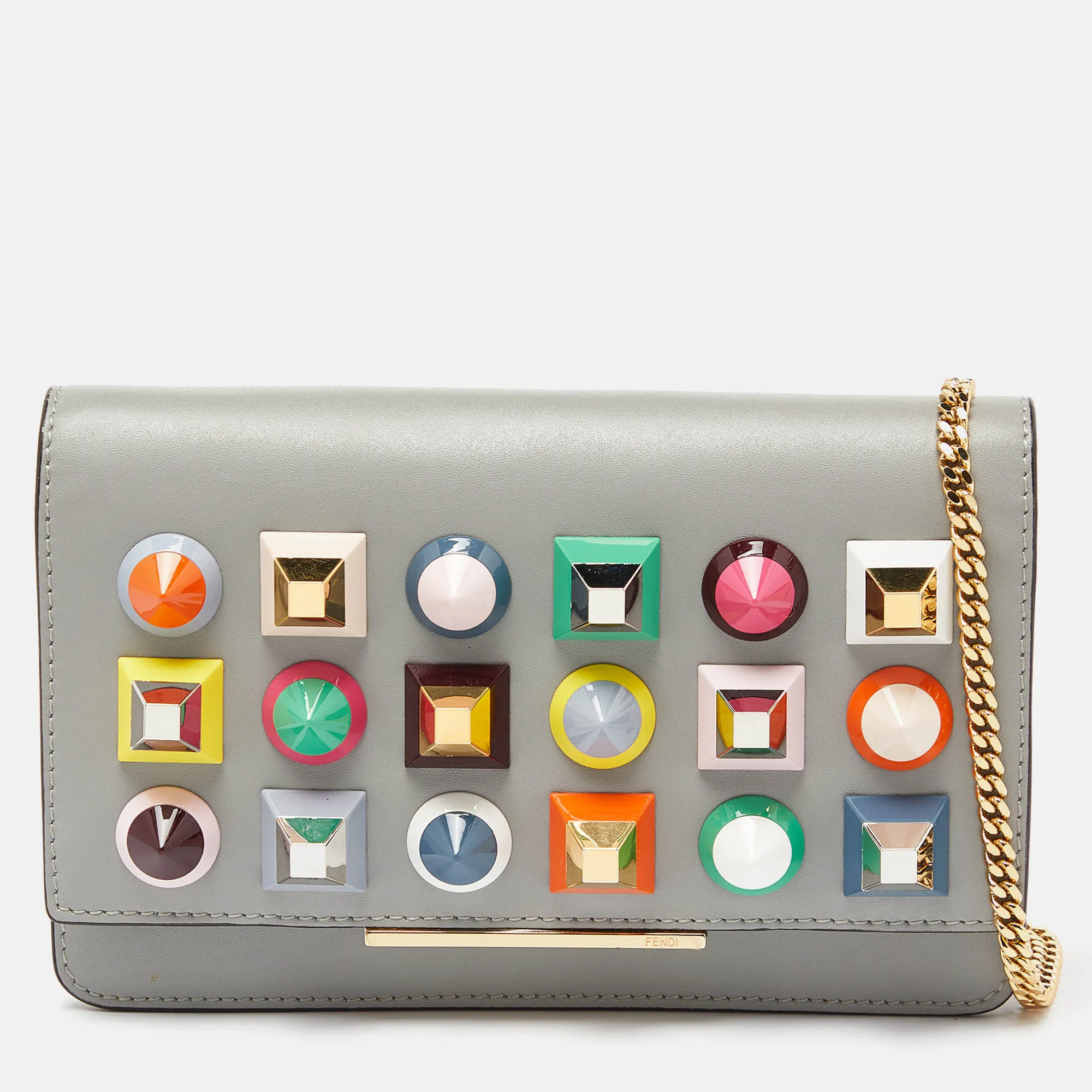 Grey Leather Rainbow Stud Tube Wallet On Chain