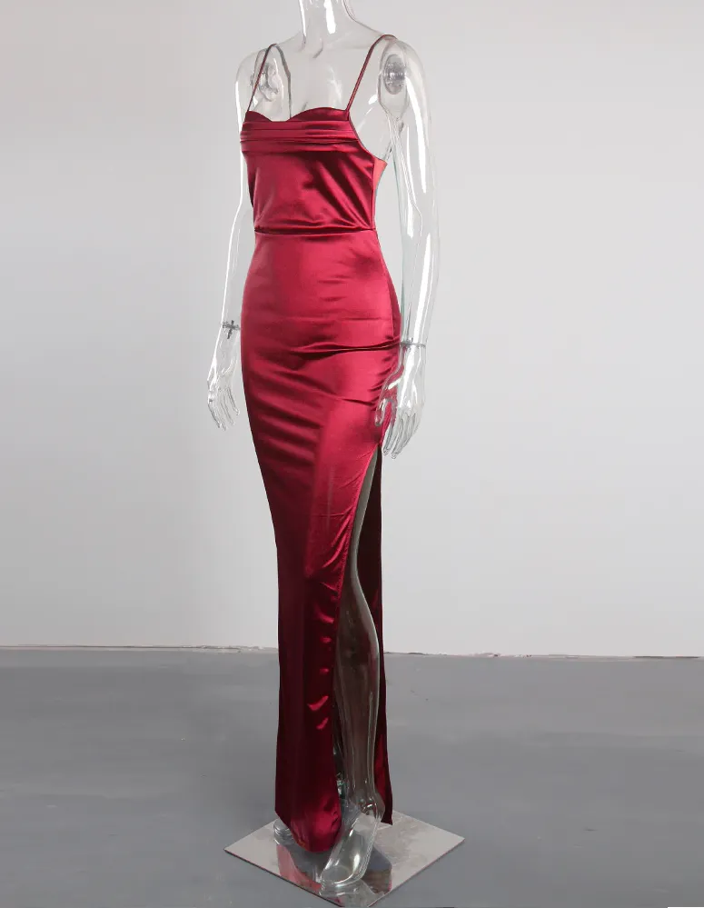 Madelyn Satin Dress - Wine Red