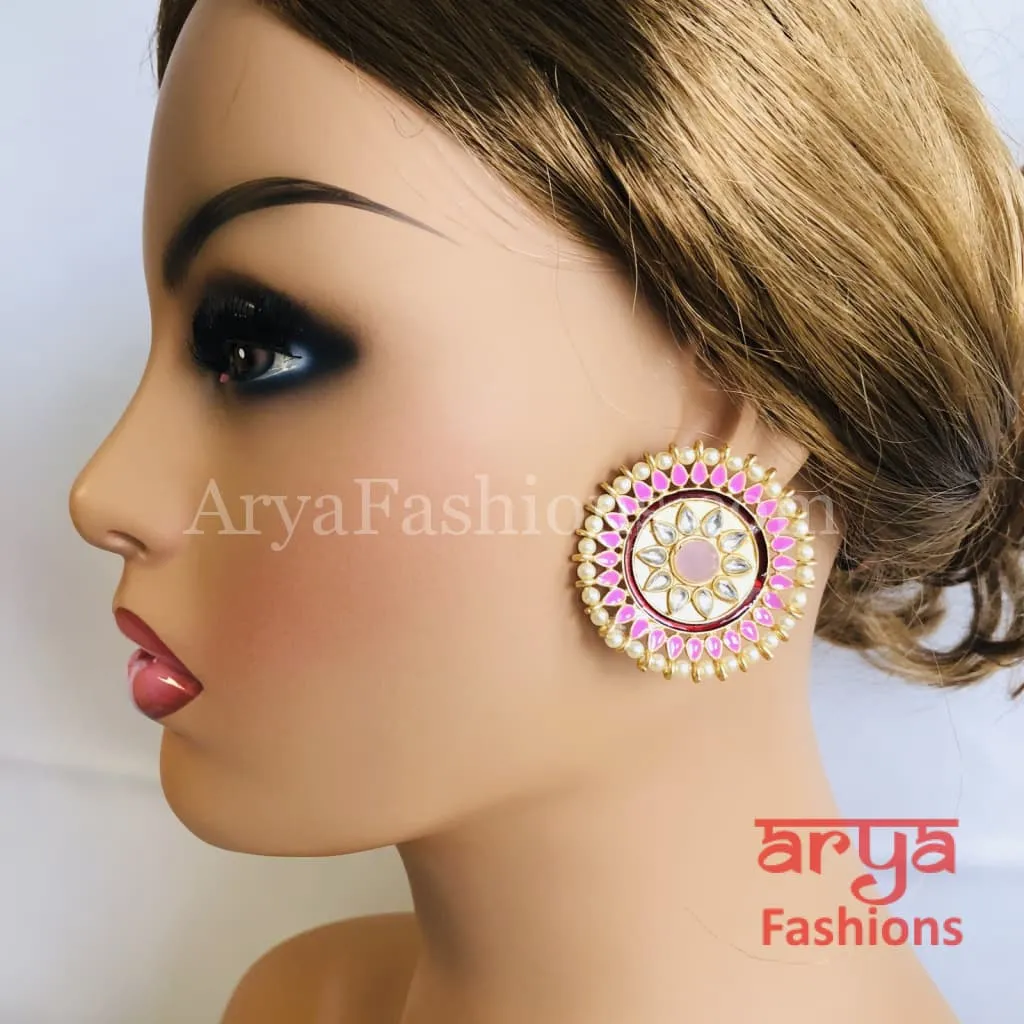 Meenakari Kundan Big Round Stud Earrings