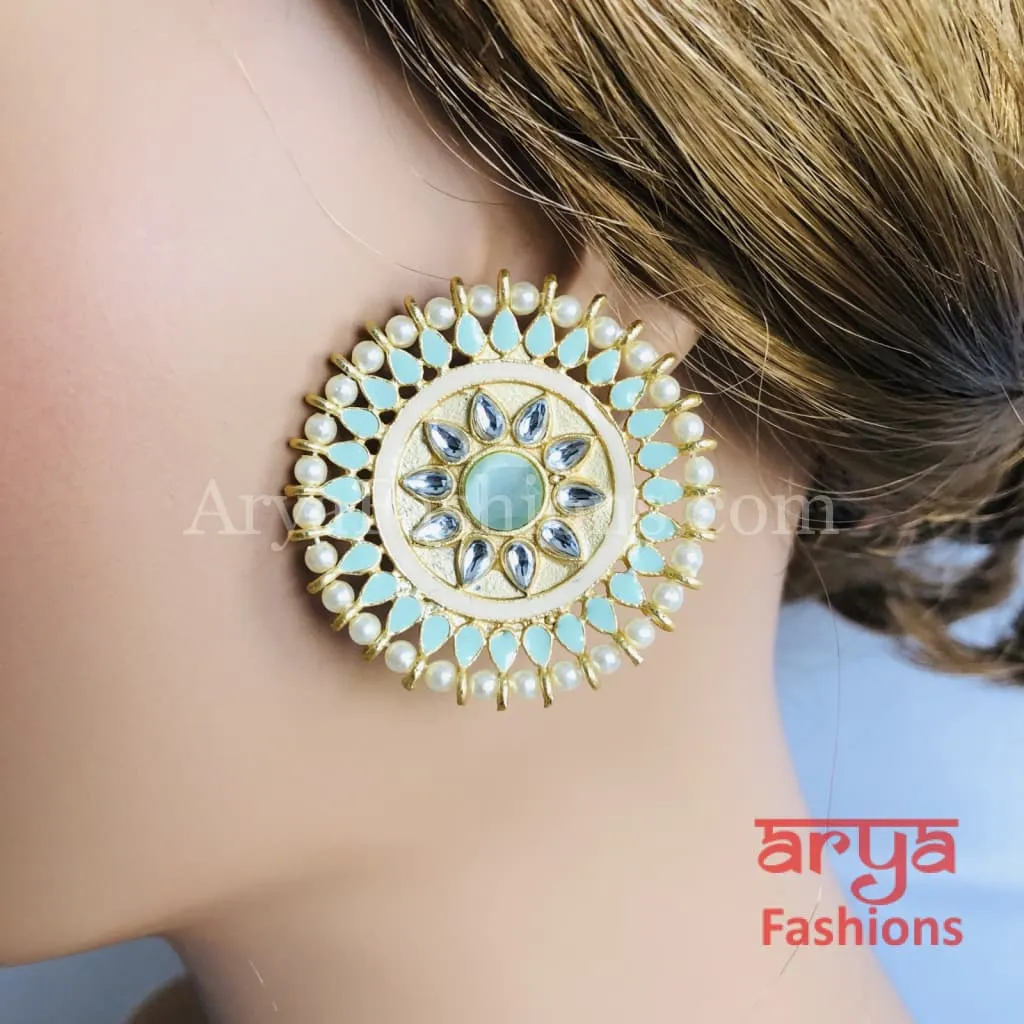 Meenakari Kundan Big Round Stud Earrings