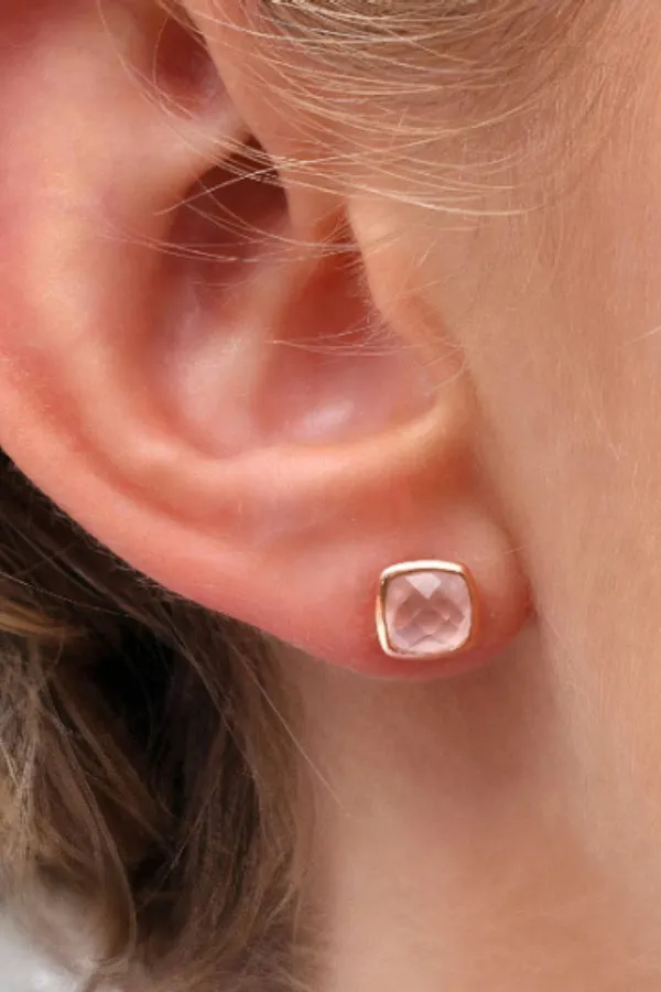 Natural Cushion Cut Rose Quartz Simple Bezel Set Solitaire Studs - 14k Rose Gold Vermeil Studs