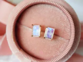 Natural Emerald Cut Rainbow Moonstone Solitaire Studs - 14k Gold Vermeil Studs