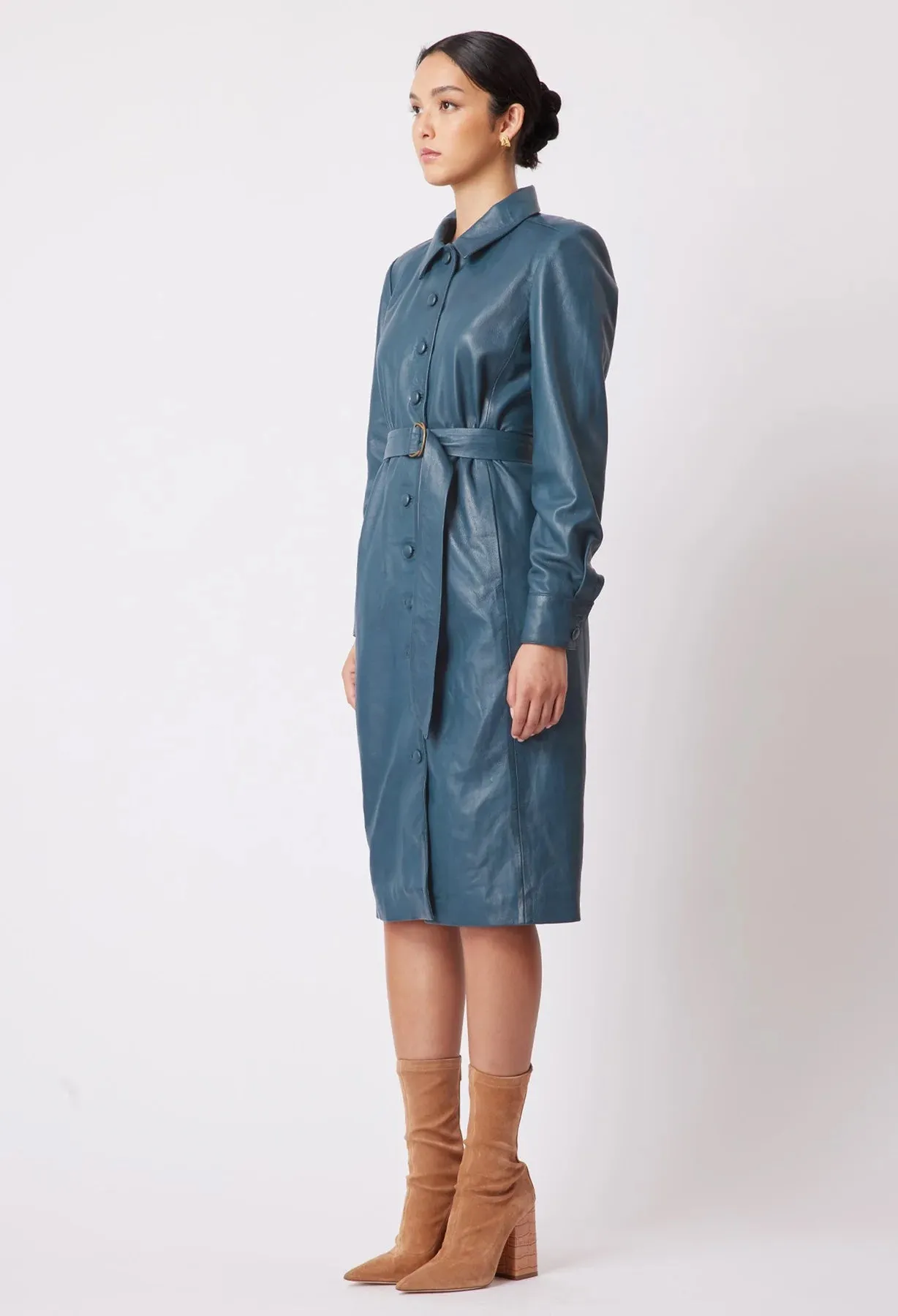 ONCE WAS LOREN LEATHER SHIRT DRESS IN STEEL BLUE