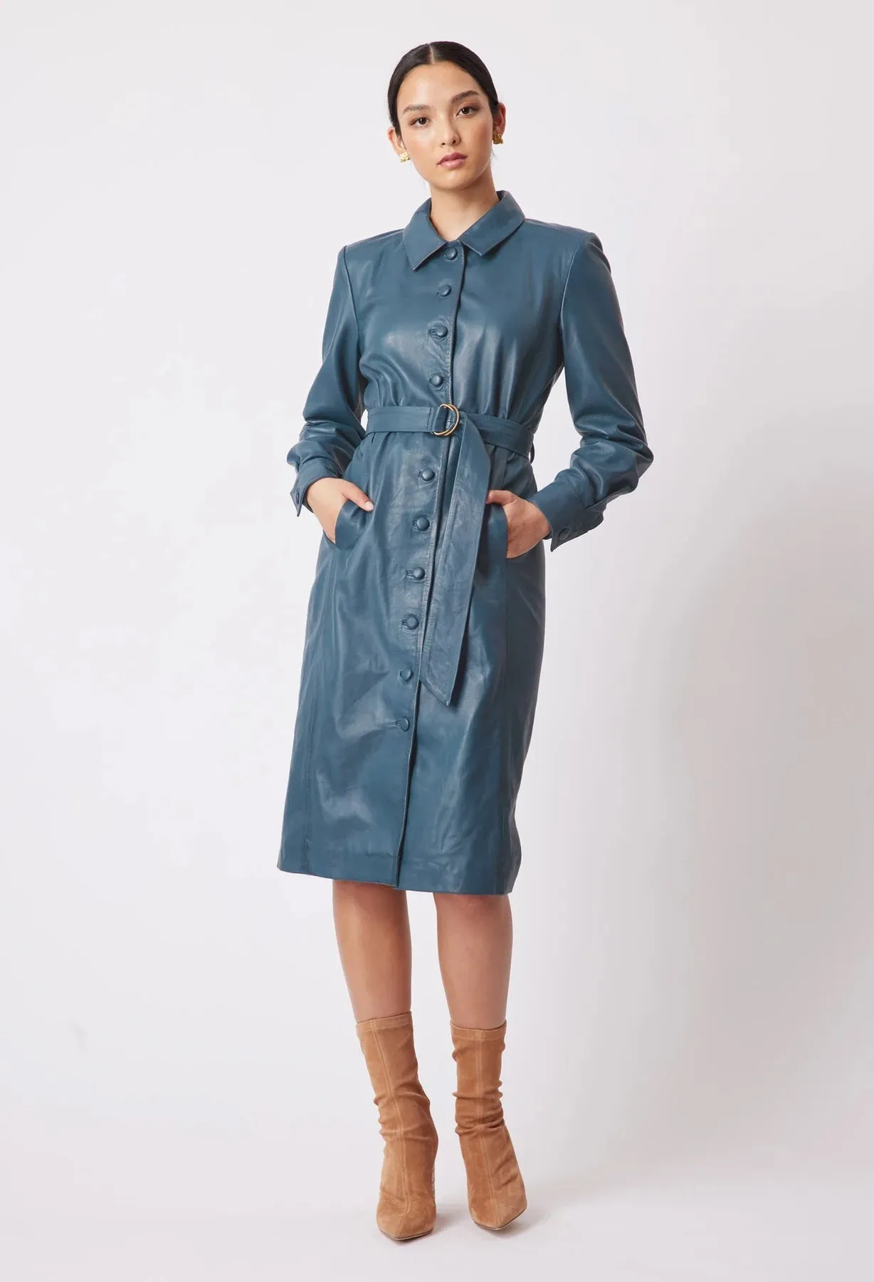 ONCE WAS LOREN LEATHER SHIRT DRESS IN STEEL BLUE