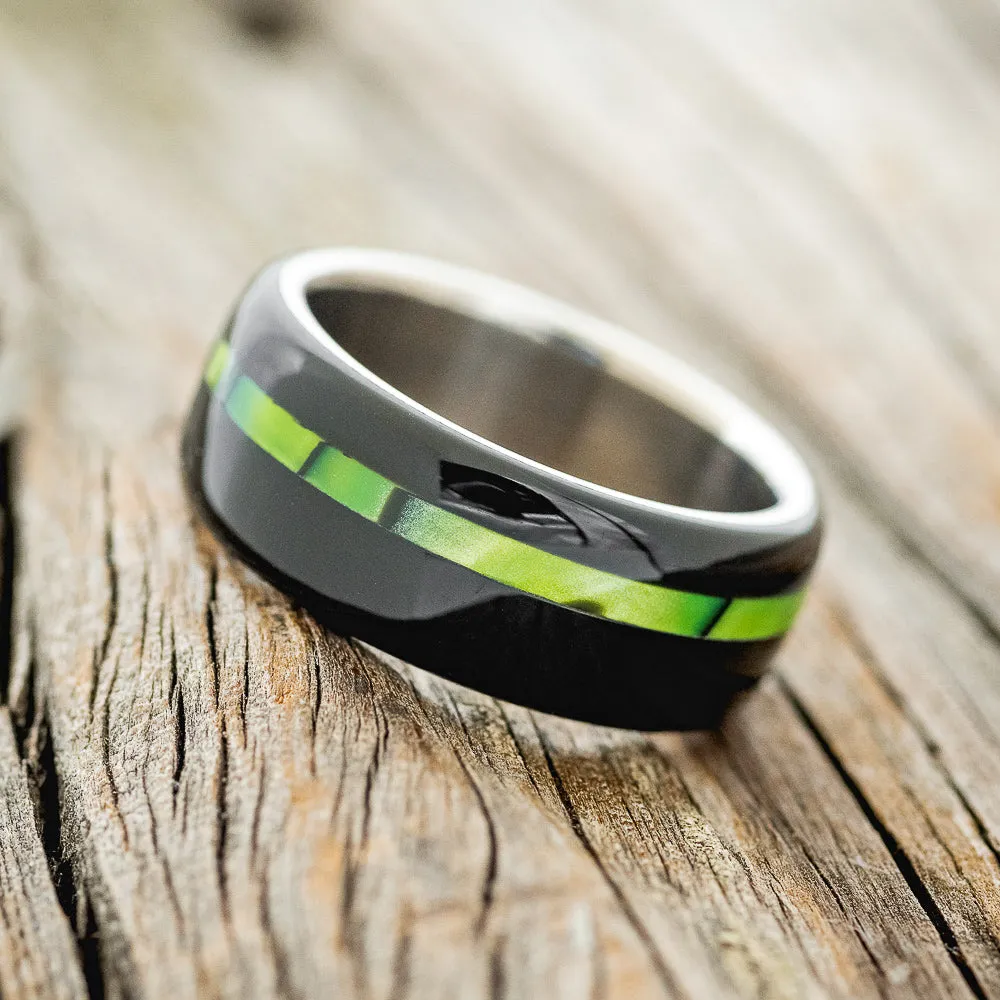 "REMMY" - BLACK & NUCLEAR LIME ACRYLIC WEDDING RING - TITANIUM - SIZE 7