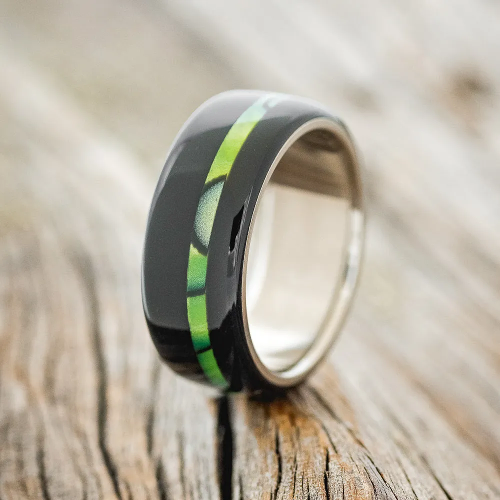 "REMMY" - BLACK & NUCLEAR LIME ACRYLIC WEDDING RING - TITANIUM - SIZE 7